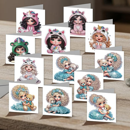 jinglinhh 12pcs Diamond Art Painting Little Girl Bear Greeting Cards with Envelopes, DIY Card Making Kits for Adults, Diamond Art Postcards Christmas Cards Craft Gifts