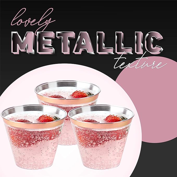 PLASTICPRO 9 oz Disposable Plastic Party Cups,Old fashioned Designed Tumblers, Crystal Clear (Clear With Rose Gold Rim, 200)