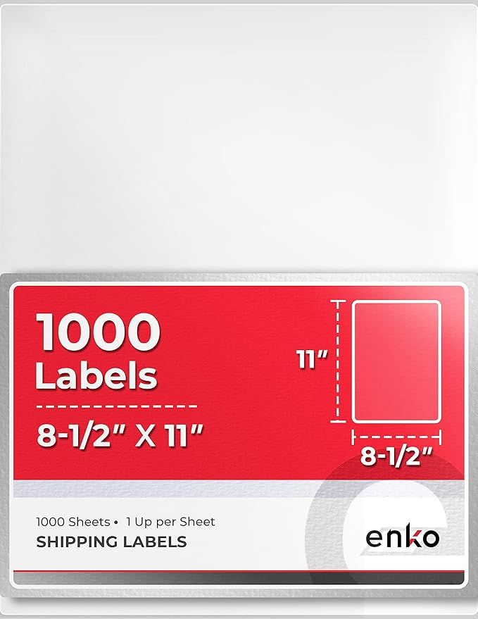 enKo - 8-1/2 x 11 Inch Label - White Blank - 1 Per Sheet Full Shipping Address Labels for Laser Inkjet Printer (1000 Sheets, 1000 Labels)