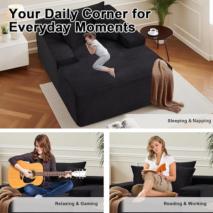 49" Chaise Lounge Chair Indoor, Oversized Wide Arm Boneless Sofa Bed with Plush Corduroy & High-Density Foam, No Assembly Cloud Couch for Living Room, Bedroom, Reading Nap (Black)