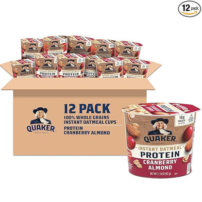 Quaker Protein Instant Oatmeal Express Cups, Cranberry Almond, 10g Protein, 2.18 Ounce (Pack of 12)