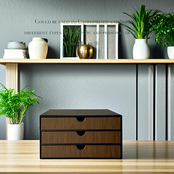 UnionBasic Document Organizer, 3-Drawer File Cabinet Document Storage Box, Office Desktop Filing Organizer, Black with Wood Grain Drawers