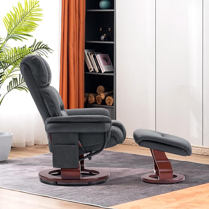 MCombo Swivel Recliners with Ottoman, Reclining TV Chairs with Vibration Massage, Faux Leather Ergonomic Lounge Chair for Living Room Bedroom 4832 (Dark Grey)