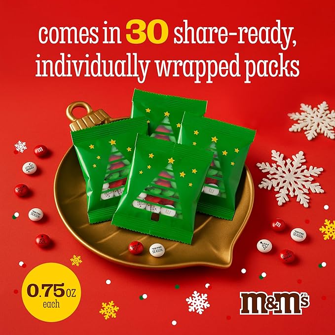 M&M’S WORLD Christmas Party Favors (30 Pack), Printed M&M’S With Festive Icons, Christmas Candy for Party Treats, Holiday Snacks, Party Decor