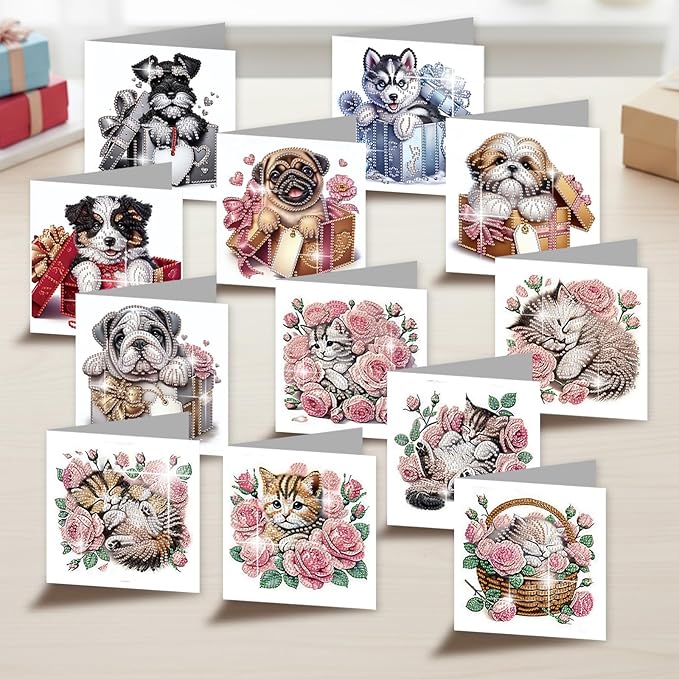jinglinhh 12pcs Valentine's Day Diamond Art Painting Rose Cat Dog Gift Box Puppy Greeting Cards with Envelopes, DIY Card Making Kits for Adults, Diamond Art Birthday Holiday Cards Craft Gifts