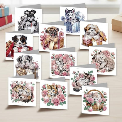jinglinhh 12pcs Valentine's Day Diamond Art Painting Rose Cat Dog Gift Box Puppy Greeting Cards with Envelopes, DIY Card Making Kits for Adults, Diamond Art Birthday Holiday Cards Craft Gifts