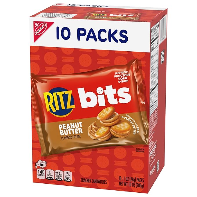 RITZ Bits Peanut Butter Sandwich Crackers, Bulk Lunch Snacks, 40 Snack Packs (4 Boxes)