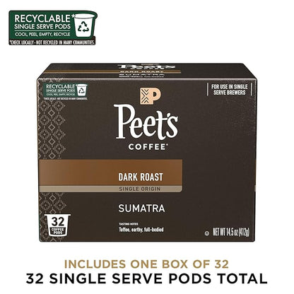 Peet's Coffee, Dark Roast Single Serve Coffee Pods - Single Origin Sumatra 32 Count (1 Box of 32 Pods)