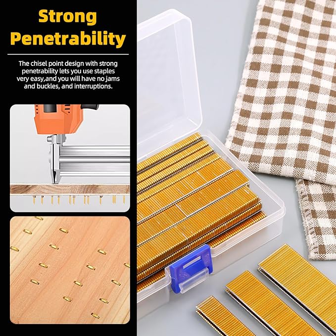 Hilitchi 2000Pcs 1/2 Inch 18 Gauge Narrow Crown Staples, Gold Brad Nails Gun Nails 18 Gauge Galvanized Finish Staples with Storage Case