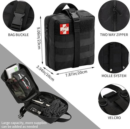 145 Pieces Emergency Survival First Aid Kit with Splint for Trauma Wound Care Blow Out for Camping Outdoor Earthquake and Adventures, Black