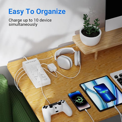 10-Port USB Charger Station, 50W10A Multiport Charger Hub for iPhone, Galaxy, iPad & More, 3.3FT