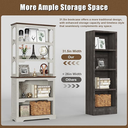 Tall Bookcase, 70 inch Height, 5-Tier Open Storage Shelf, 31.5 in Wide Standing Bookshelves for Home, Office, Bedroom, School, Library, 31.5W * 11.81D *70H (White Espresso, Hollowed Shelf)