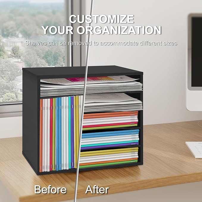 EMERIT Paper Organzier Wood Desktop Organizer Storage Letter Tray File Sorter with Adjustable Shelves for Home Office