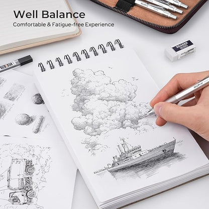 Nicpro 30PCS Silver Metal Mechanical Pencils Set in Leather Case, Art Drafting Pencil 0.5, 0.7, 0.9 mm, 2mm Lead Pencil Holder for Sketching Drawing With 16 Tube (6B 4B 2B HB 2H 4H Colors)Lead Refill