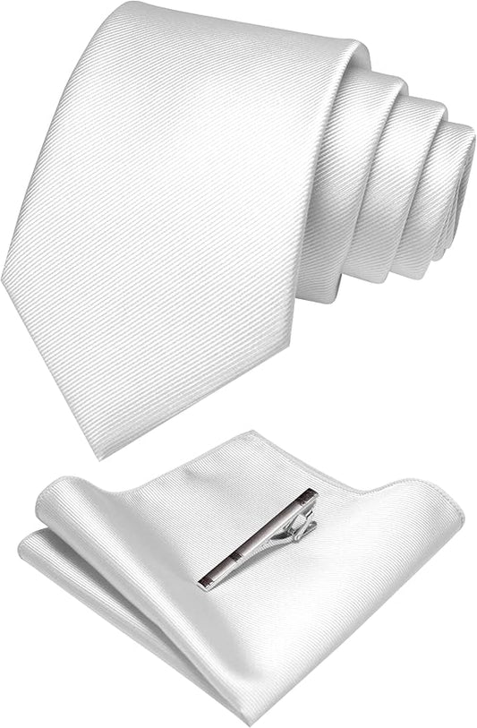 JEMYGINS Solid Color Formal Necktie and Pocket Square Tie Clip Sets for Men