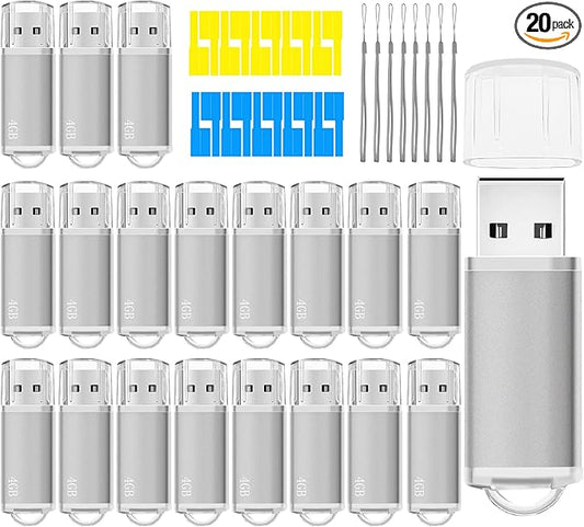 4GB USB Flash Drive 20 Pack Nicepicten Thumb Drives Pack Jump Zip Drive USB 2.0 Flash Drives Mulitipack 4GB Memory Stick with Labels & Lanyards - Silver