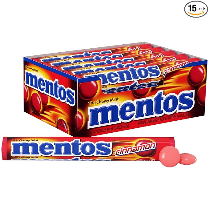 Mentos Holiday Chewy Candy Mint Roll, Cinnamon, Candy for Christmas Stocking Stuffers for Adults & Kids, Party, Non-Melting, 14 Count (Pack of 15)