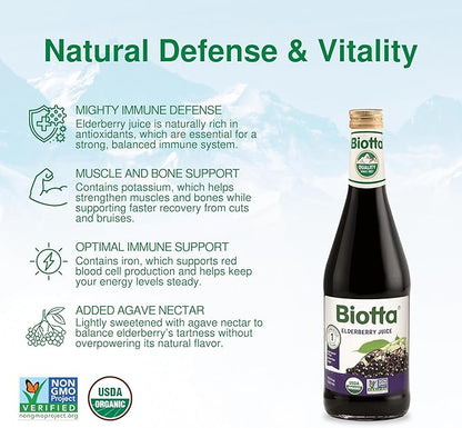 Biotta Organic Elderberry Juice - Naturally Sweetened Fruit Juice For Optimal Immune Support Function - With Immunity Boosting Elderberries - Good Source of Potassium (16.9 Fl Oz, Pk of 6)