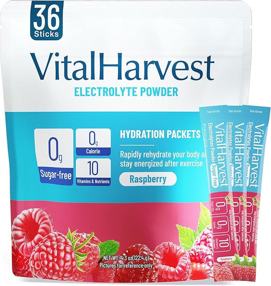 VitalHarvest 36 Sticks Electrolytes Powder Packets Sugar Free Hydration Packets Electrolyte Liquid Daily IV Drink Mix with Raspberry, Low Sodium, 0 Calorie