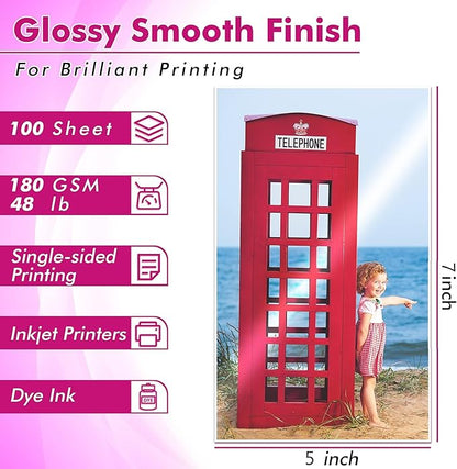 Koala Glossy Inkjet Photo Paper 5X7 Inches 48lb 100 Sheets Professional Glossy Photographic Paper Compatible with Inkjet Printer Use DYE INK 180GSM