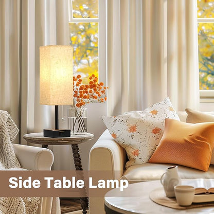 Bedside Table Lamps for Bedroom Set of 2 - Small Rectangular Nightstand Lamp with AC Outlet Charging Port, 3 Color Temperatures Desk Light with Bulb, Tabletop Reading Lamp for Living Room/Dorm/Office