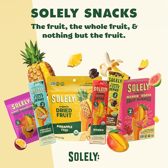 Solely - Organic Mango Fruit Jerky - 12 Individually Wrapped Fruit Strips - Fruit Leather Made from Dried Fruits - Healthy Snacks, Vegan - 0.8oz (23g)