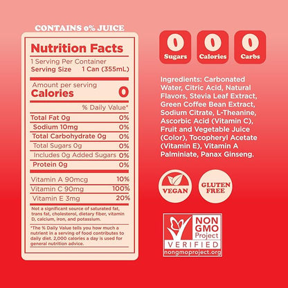 FEEL Zero Sugar Natural Energy Drink – Strawberry Guava, 140mg Plant-Based Caffeine with L-Theanine for Focus, Vitamin C for Immunity, Vegan, Non-GMO, No Artificial Sweeteners, 12 Fl Oz Cans (12-Pack)