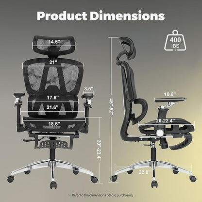 Mesh Ergonomic Office Chair with 6D Armrests,High Back Mesh Gaming Chair with Lumbar Support,Adjustable Seat Depth,3D Headrest,Footrest for Big & Tall