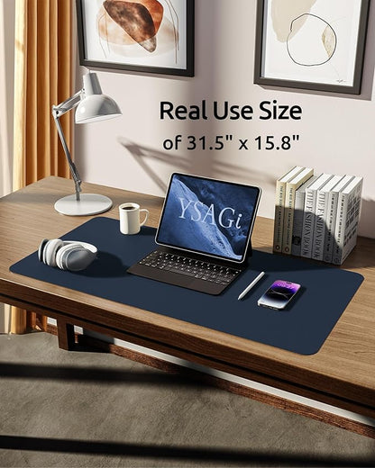 YSAGi Leather Desk Protector, Office Mat, Large Mouse Mat, Non-Slip PU Leather Blotter, Laptop Pad, Waterproof Writing Pad for Office and Home (Dark Blue, 31.5" x 15.8")