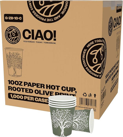 CIAO! 10oz Paper Hot Cup, Rooted Olive Print, (Case of 1,000)