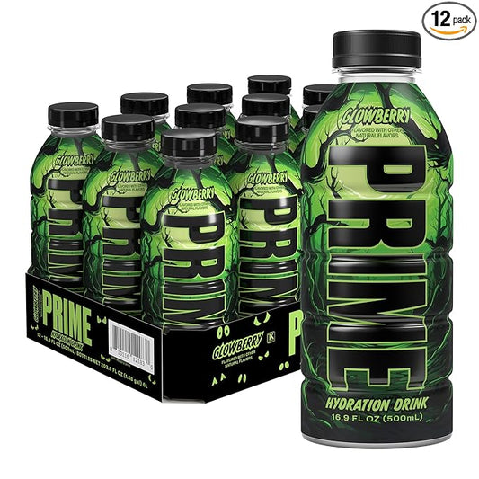 PRIME Hydration GLOWBERRY, Sports Drinks, Electrolyte Enhanced for Ultimate Hydration, 250mg BCAAs, B Vitamins, Antioxidants, Low Sugar, 16.9 Fl Oz, 12 Pack