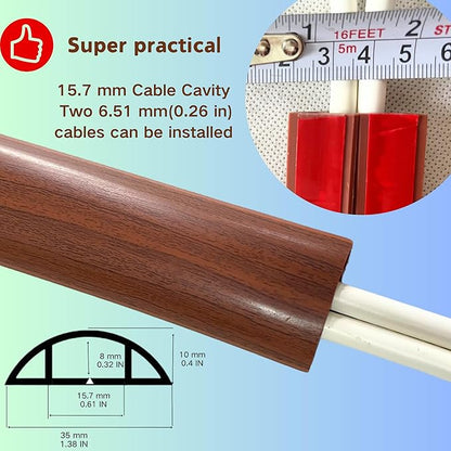 3.3ft Self Adhesive Floor Cord Cover,Heavy Duty Soft PVC Cable Protector and Extension Cord Hider,Cord Management System to Hide Wires on Floor,Cable Cavity:0.61"(W) x 0.32"(H) Walnut Wood