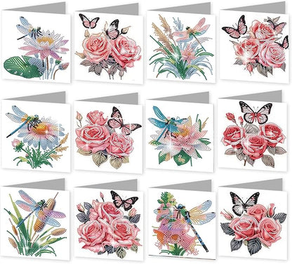 jinglinhh 12pcs Diamond Art Painting Butterfly Flower Dragonfly Daisy Rose Lotus Greeting Cards with Envelopes, DIY Card Making Kits for Adults, Diamond Art Birthday Cards Craft Gifts