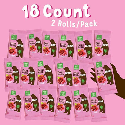 BEAR Real Fruit Snack Rolls - Gluten Free, Vegan, and Non-GMO - Raspberry – 36 Rolls, Healthy School And Lunch Snacks For Kids And Adults, 0.7 Ounce (Pack of 18)