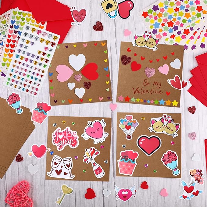 Zonon 32 Pack Valentines Crafts Set, Valentines DIY Card Valentines's Day Kits for Kids Girls Boys Foam Heart Sticker Craft DIY Kits Sticker Envelopes Cards Set for Classroom Exchange Gifts (Red)