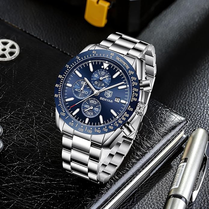 BY BENYAR Watch for Men Analog Quartz Chronograph Waterproof Luminous Designer Mens Wrist Watches Business Work Sport Casual Dress Watch with Silicone Strap Elegant Gifts for Men