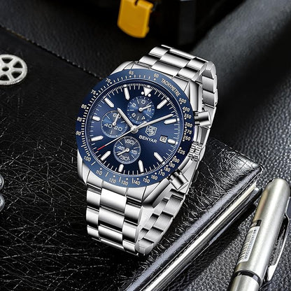 BY BENYAR Watch for Men Analog Quartz Chronograph Waterproof Luminous Designer Mens Wrist Watches Business Work Sport Casual Dress Watch with Silicone Strap Elegant Gifts for Men