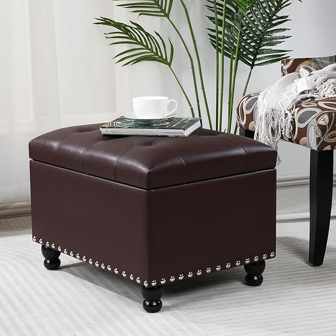 Adeco 23" Faux Leather Storage Ottoman Bench, Dark Brown Rectangular Ottoman Bench