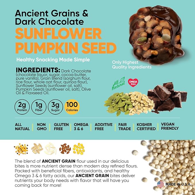 Good Source Snacks Dark Chocolate Bites & Ancient Grains, Sunflower Pumpkin Seed, 3 Pack, 3 oz, Vegan, Gluten Free, Non GMO, Kosher Protein Bites