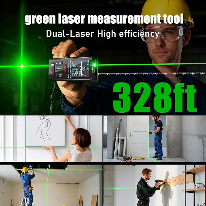Laser Measuring Tool 328 Ft Dual Green Laser Rangefinder Green Crosshair Laser Measuring Tool Backlit LCD Display Rechargeable Laser Rangefinder/Length/Volume/Area/Voice (m/Ft/in) ZC-L387 ZHOUCE