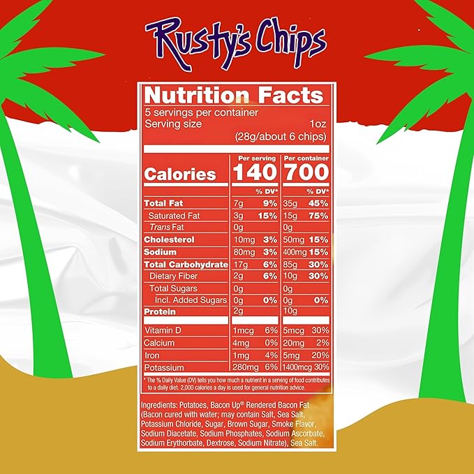 Bacon Up - Handmade Crunchy Healthy Potato Chips - No Preservatives, No Seed Oils, Gluten Free, Healthy Snacks for Adults - 5oz (12 Snack Packs) by Rusty's Chips