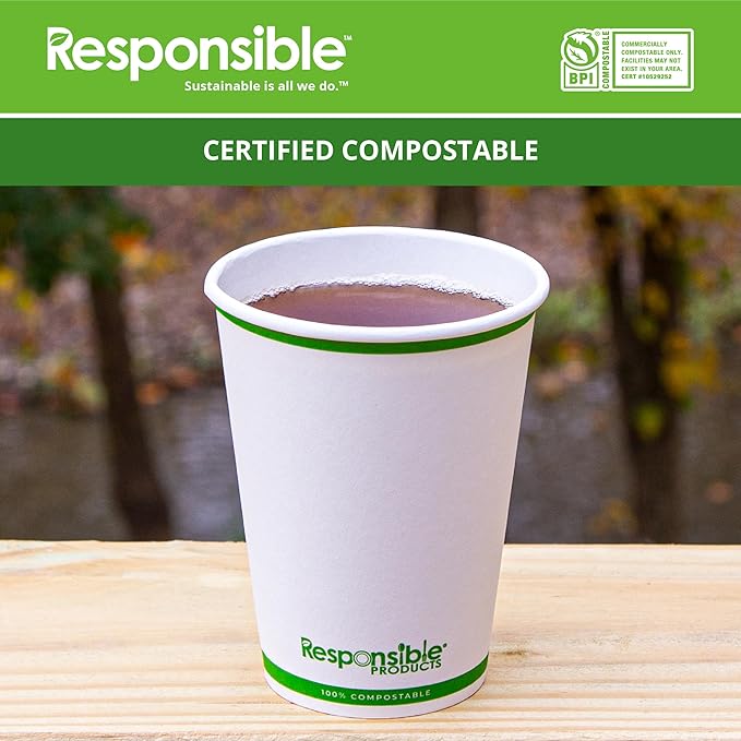 Responsible Products 12 oz Paper Hot Cups, Tree-Less™ Compostable Paper Coffee Cups, Extra Strength, Tree-Free and Made Without PFAS, White (1000 Count)