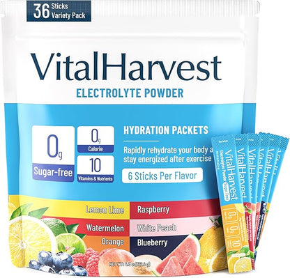 VitalHarvest 36 Sticks Electrolytes Powder Packets 6 Flavors Sugar Free Hydration Packets Electrolyte Liquid Daily IV Drink Mix with Lemon Lime, Watermelon, Orange, Raspberry, White Peach, Blueberry