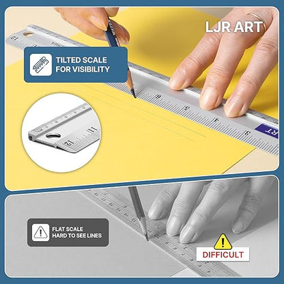 12 Inch Aluminum Cutting Ruler, Dual Scale Inch/Metric Measuring Tool with Precision Markings, Lightweight Straight Edge for Architects, Students, Engineers, and Designers