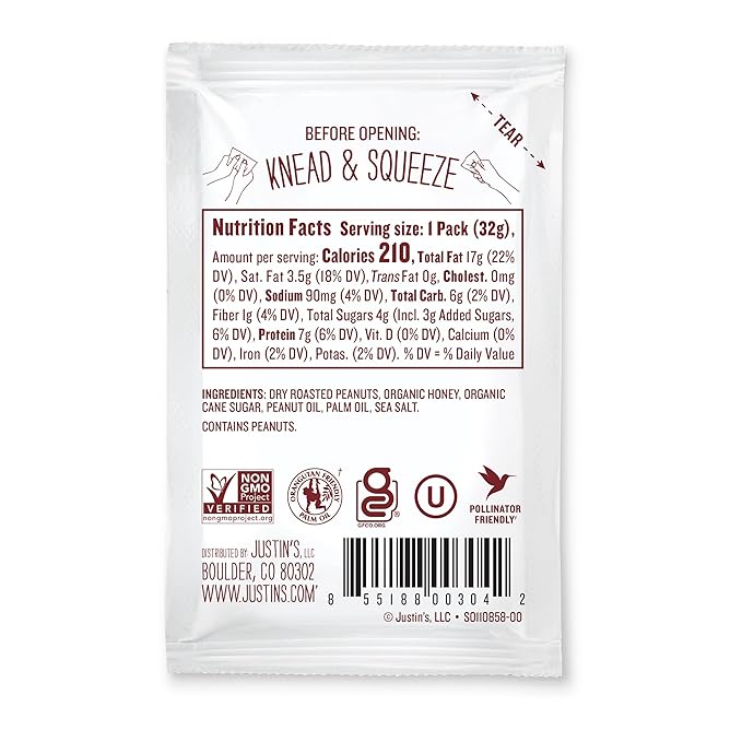 Justin's Honey Peanut Butter Squeeze Packs, Gluten-free, Non-GMO, Responsibly Sourced, Pack of 10 (1.15oz each)