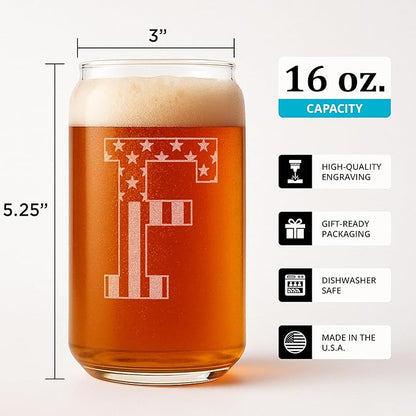 Monogram Beer Glasses for Men (A-Z) 16 oz - Beer Gifts for Men Brother Son Dad Neighbor - Unique Gifts for Him - Personalized Drinking Gift Beer Glass Mugs - Engraved Beer Can Glass (F)