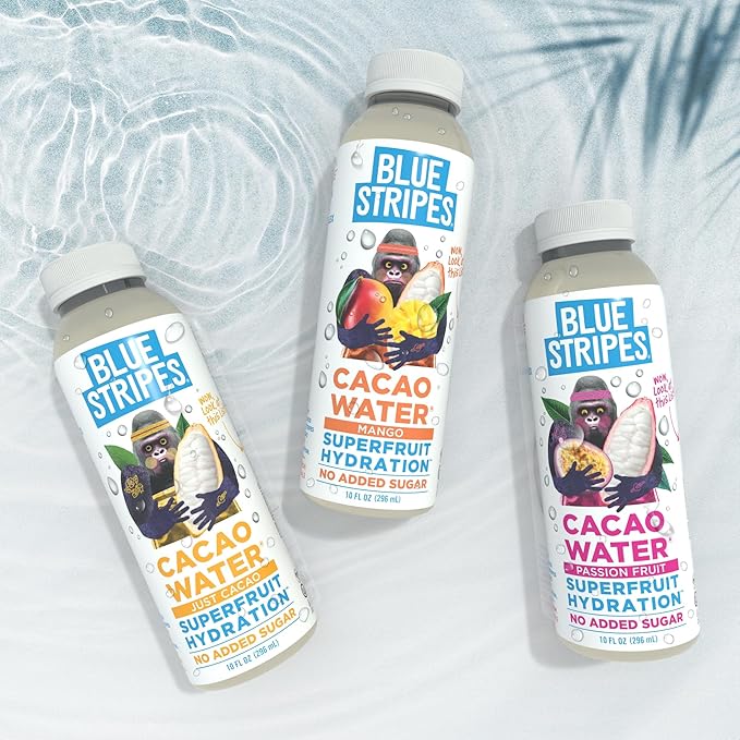 Blue Stripes Cacao Water - Cold Pressed Superfruit Hydration with Electrolytes & Antioxidants, No Sugar Added, All Natural, Great for Protein Shakes & Smoothies - Just Cacao, 12 Pack