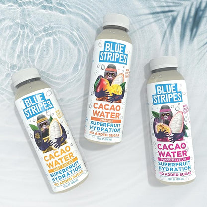 Blue Stripes Cacao Water - Cold Pressed Superfruit Hydration with Electrolytes & Antioxidants, No Sugar Added, All Natural, Great for Protein Shakes & Smoothies - Just Cacao, 12 Pack