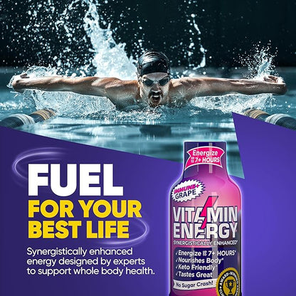 Vitamin Energy Immune+ Extra Strength Energy Shot Grape 12 Pack, 260mg Natural Caffeine, B-Vitamins, Citicoline, Green Tea, Immunity & Focus Support, Zero Sugar, Gluten-Free 1.93 fl oz