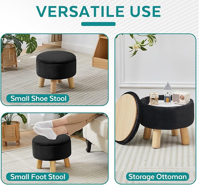 Small Foot Stool Ottoman with Storage, Faux Fur Ottoman Foot Rest for Couch, Round Footstool with Storage, Small Ottomans and Footstools for Living Room and Entryway (Black)